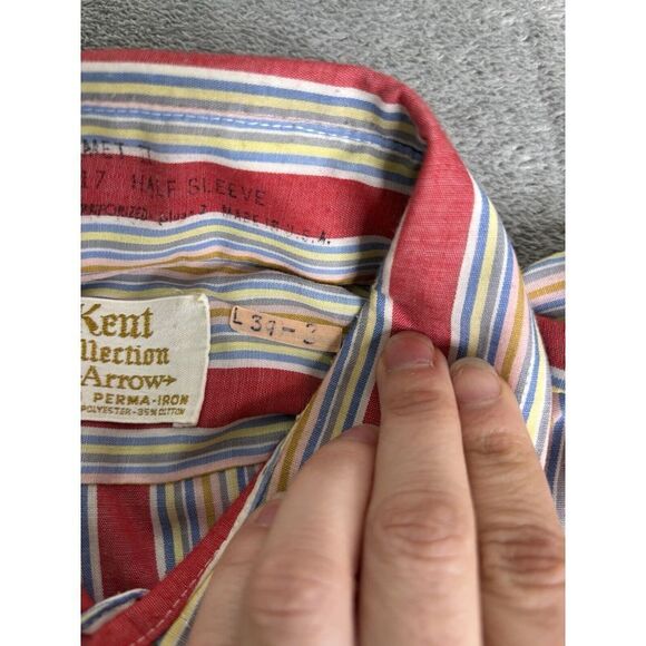 Vintage 60s Arrow Short Sleeve Striped Button Down Shirt Men's Size 17 Red - Picture 6 of 10